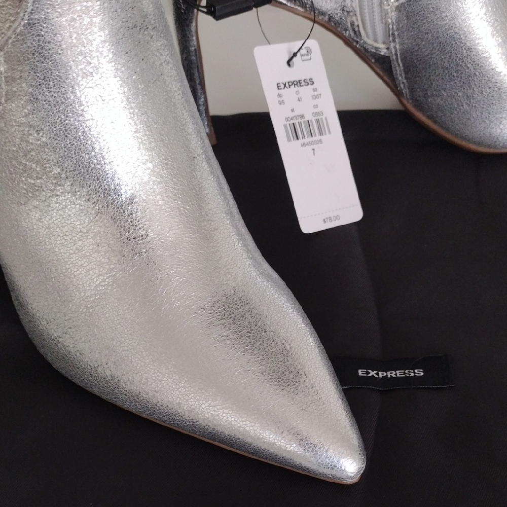 Express Pointed Toe Thin Heeled Booties. Metallic Silver. Size 7 - Picture 8 of 16